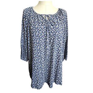 Womens Blue Floral Print Peasant Blouse Tunic With 3/4 Sleeves Size 2XL CM2011